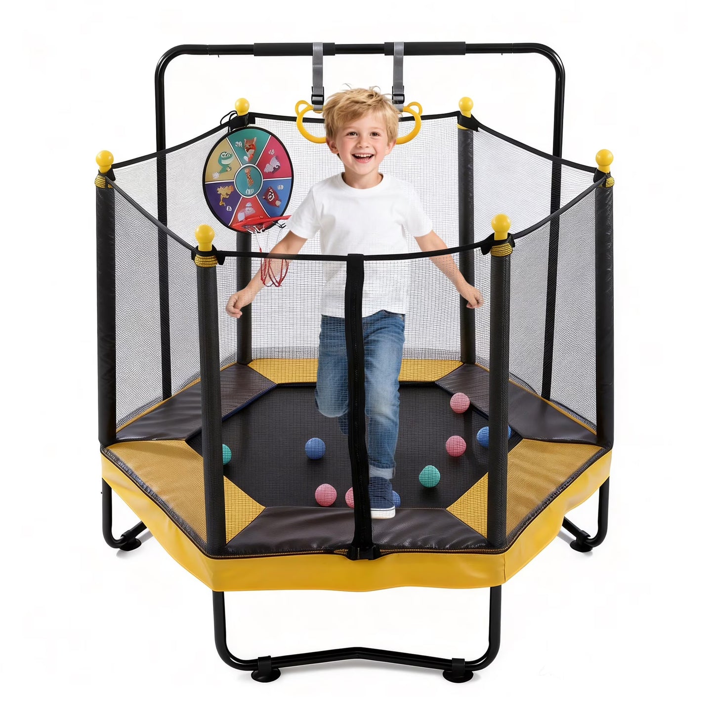 55" Mini Trampoline with Safety Enclosure Net, SEGMART Indoor Outdoor Toddler Trampoline with No-Gap Design, Small Trampoline for Kids, Kids Trampoline with Balls, Birthday Gift
