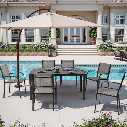 Patio Dining Set, 7PCS Outdoor Plastic-Wood Table & Textilene Chairs Set, Outdoor Furniture Dining Table Set, Garden Porch Backyard Poolside Sectional Conversation Set