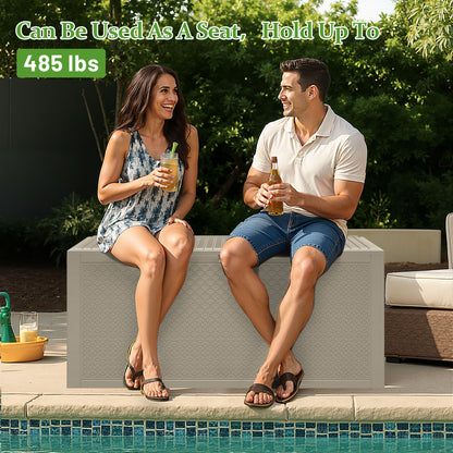 90 Gallon Resin Deck Box, Outdoor Lockable Storage Container for Patio Cushions, Garden Tools, Pool Supplies, Toys, Water Resistant and UV Resistant, Holds up to 485lbs, Light Brown
