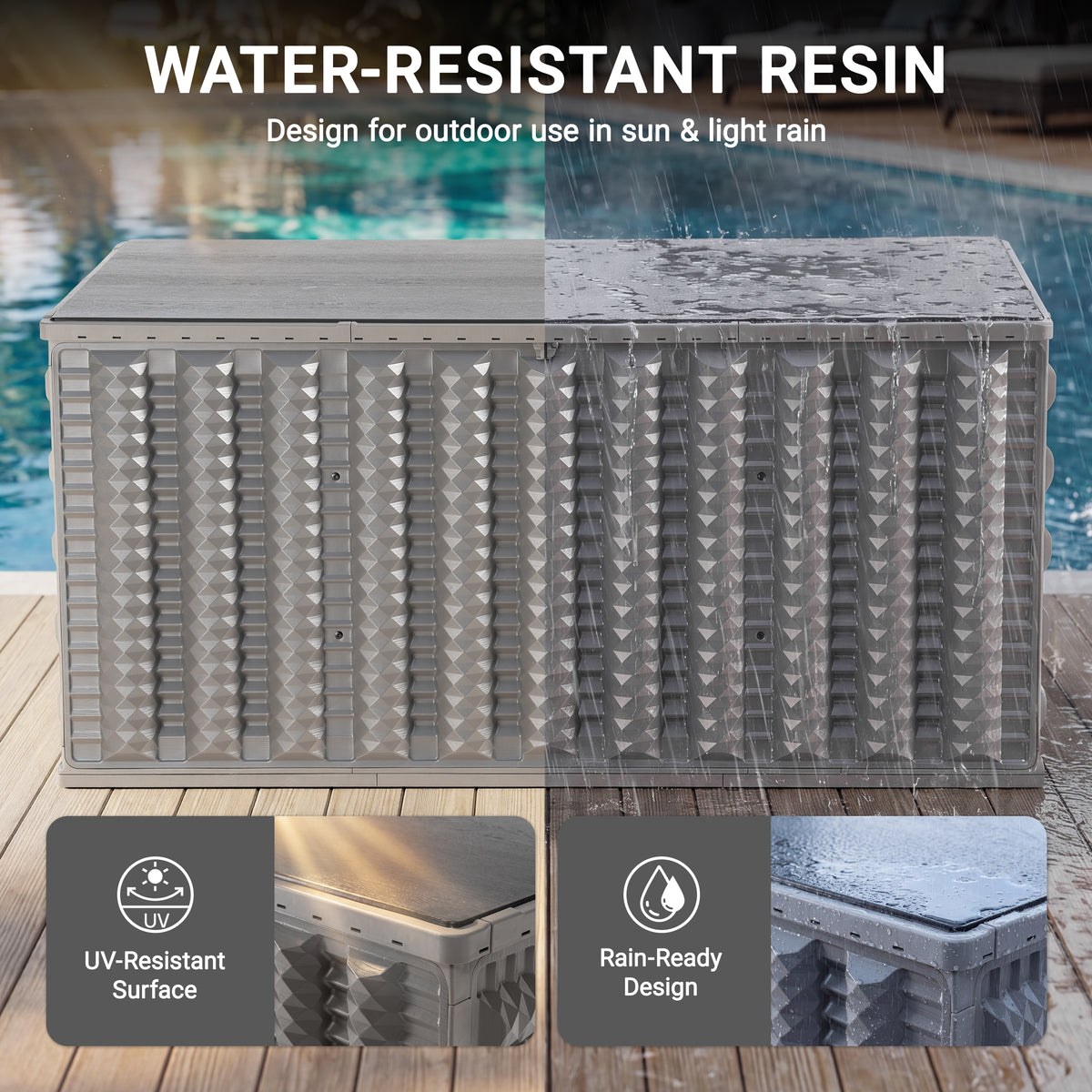 180 Gallon Resin Deck Box, Outdoor Lockable Storage Container for Patio Cushions, Garden Tools, Pool Supplies, Toys, Water Resistant and UV Resistant, Reinforced Rib Design, Built-in Wheels, Gray