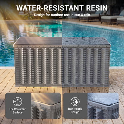 130 Gallon Resin Deck Box, Outdoor Lockable Storage Container for Patio Cushions, Garden Tools, Pool Supplies, Toys, Water Resistant and UV Resistant, Reinforced Rib Design, Built-in Wheels, Gray