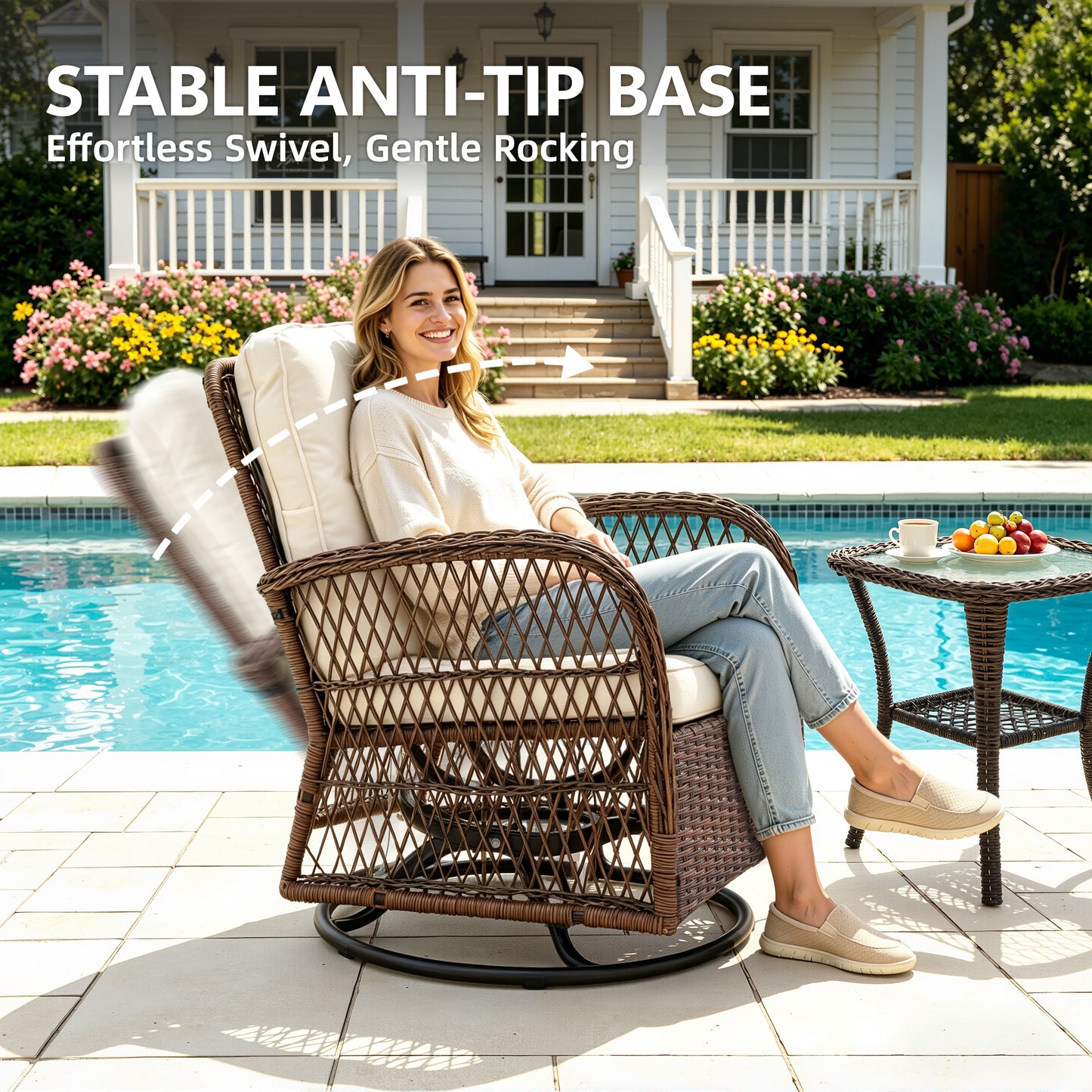Patio Table and Chairs Set, Segmart 3pcs Rattan Patio Conversation Set with Swivel Rocking Chairs, Coffee Table, Porch Deck Balcony Furniture for Outdoor, with Beige Cushions