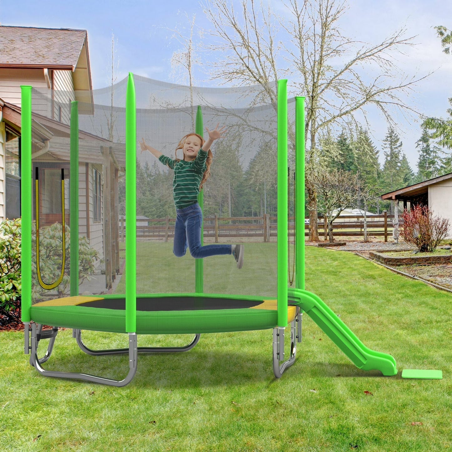7ft Kids Trampoline with Slide, Small Toddler Trampoline with Ladder for Kids, SEGMART Indoor Outdoor Trampoline with Enclosure Net, Spring Pad for Backyard