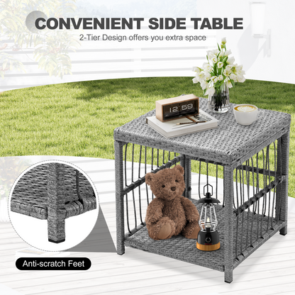 Outdoor Conversation Set of 5, Outdoor Patio Chair and Footstool Set with Cushions & 2-Tier Tea Table, All Weather Wicker Patio Furniture Set, Ideal for Patio Poolside Yard Deck Coffee Bar