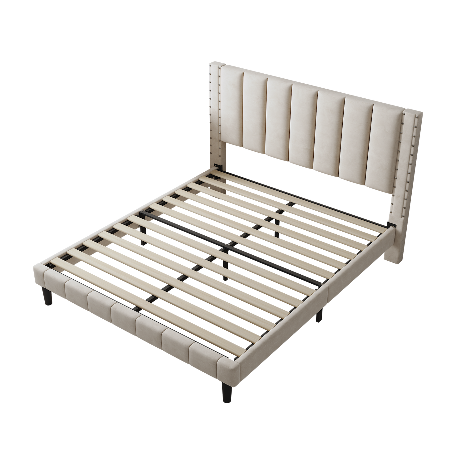 Segmart Queen Size Velvet Upholstered Bed Frame with Adjustable Rivets Headboard, Platform Bed with Wooden Slats Support, Fully Upholstered Mattress Foundation, No Box Spring Needed, Beige