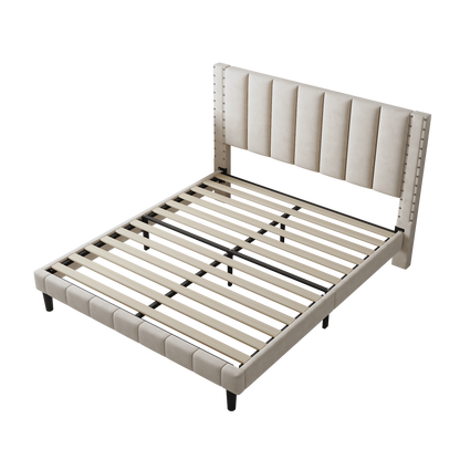 Segmart Queen Size Velvet Upholstered Bed Frame with Adjustable Rivets Headboard, Platform Bed with Wooden Slats Support, Fully Upholstered Mattress Foundation, No Box Spring Needed, Beige