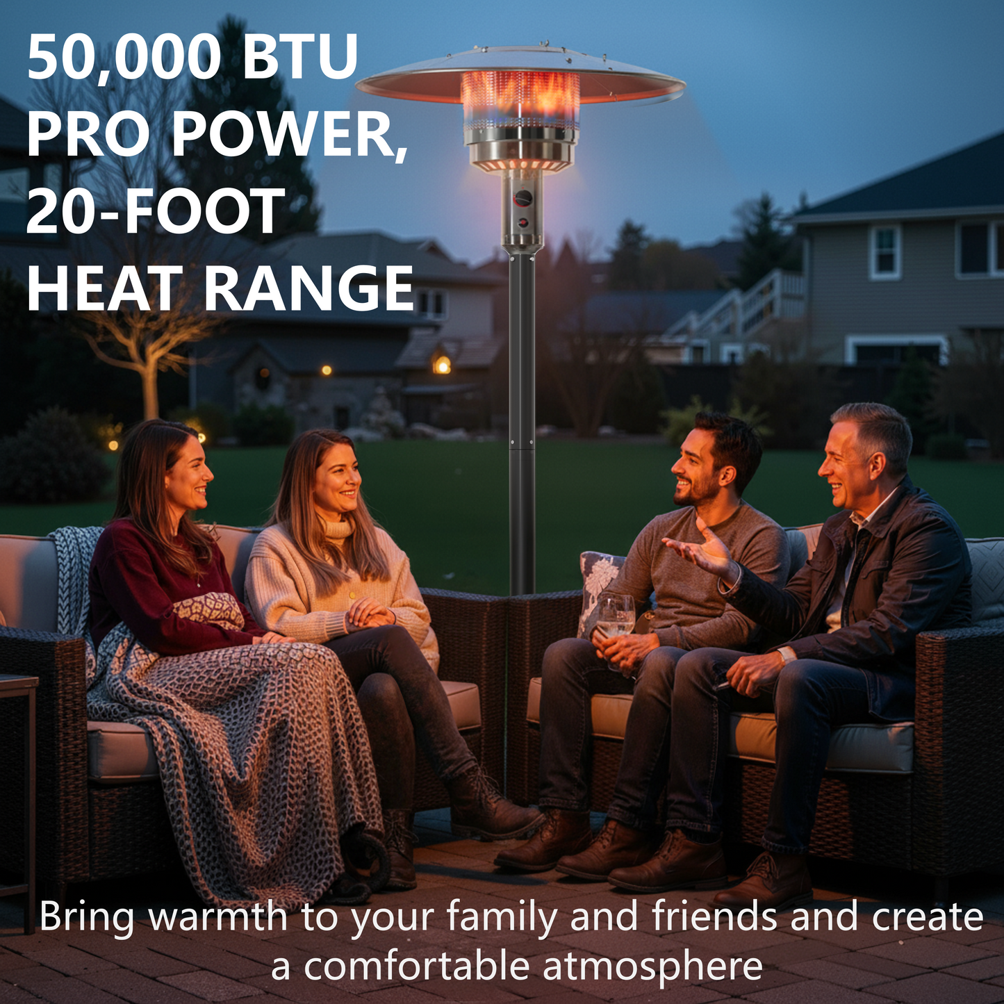 50,000 BTU Propane Patio Heater, Outdoor Heater with Table Design, Double-Layer Stainless Steel Burner, and Wheels, Portable Heater for Home and Commercial