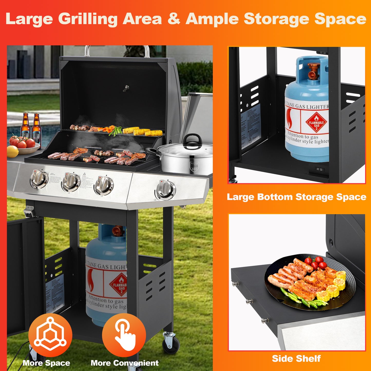 3-Burner Propane Gas Grill with Side Burner, Gas BBQ Grill with Thermometer, Bottle Opener, and Tool Hooks, 40000 BTU Output, Fit for Patio Camping Outdoor Cooking
