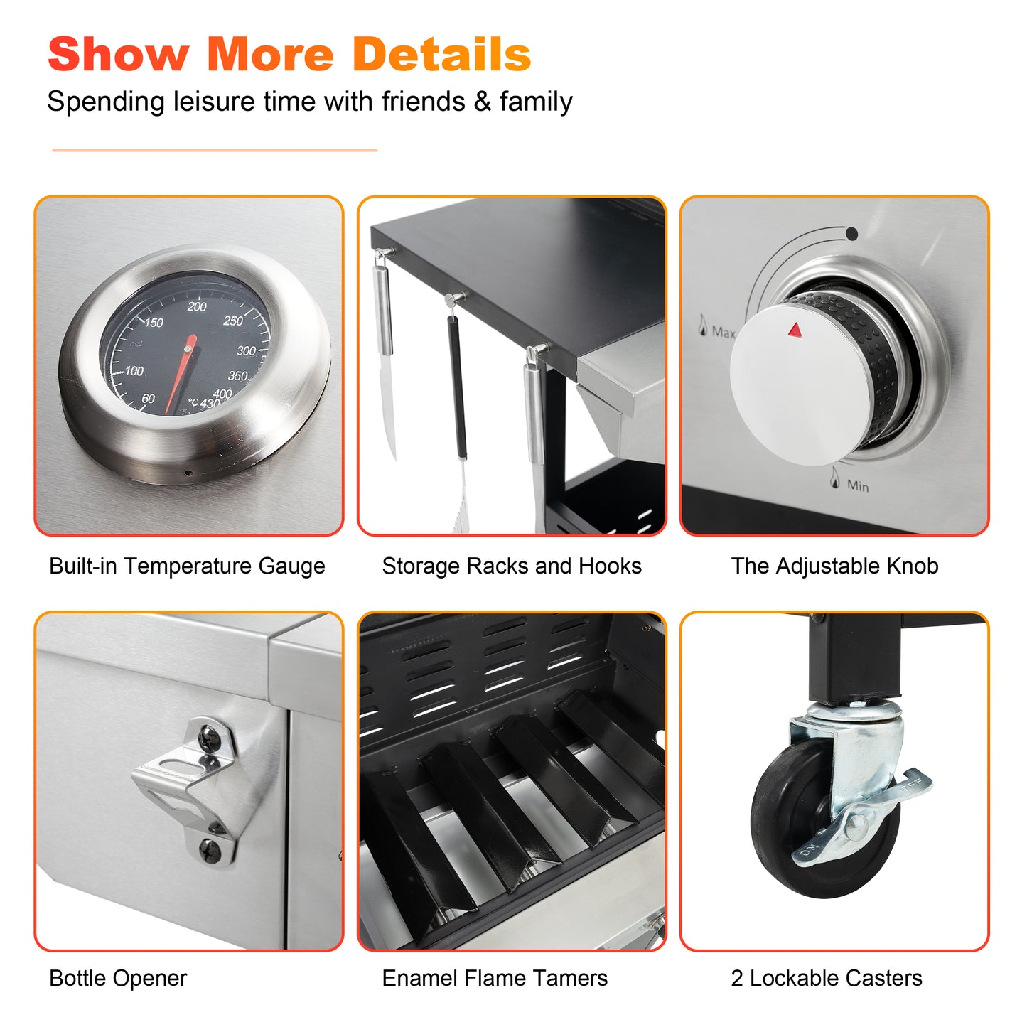 SEGMART 4 Burner Propane Gas Grill with Side Burner, 46,500 BTU Outdoor Cooking BBQ Grill with Porcelain-Enameled Cast Iron Grates, Equipped with Temperature, Tool Hooks, and Bottle Opener