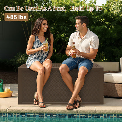 75 Gallon Resin Deck Box, Outdoor Lockable Storage Container for Patio Cushions, Garden Tools, Pool Supplies, Toys, Waterproof and UV Resistant, Brown