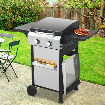2 in 1 Propane Gas Grill and Griddle Combo, 2 Burner Griddle Grill Combo with Folding Side Tables & Hanging Basket, 24,600BTU Stainless Steel Propane Grill for Outdoor Cooking