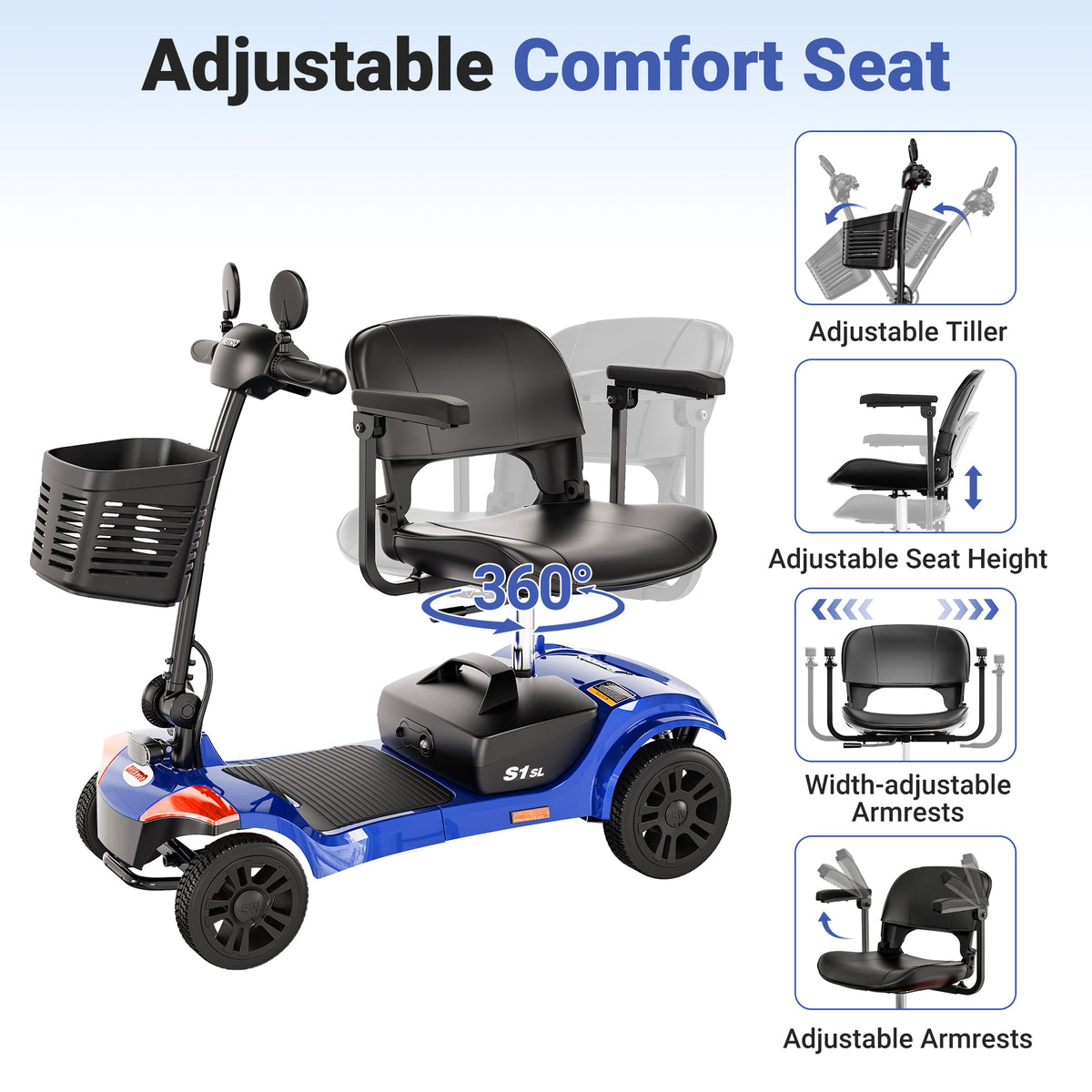 Mobility Scooter for Seniors, Segmart 4-Wheel Electric Scooter with Shock Absorption & Large Comfort Seat, 300W Foldable Senior Scooter with USB, LED Light, 300 lb Capacity, Blue