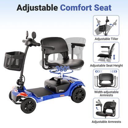Mobility Scooter for Seniors, Segmart 4-Wheel Electric Scooter with Shock Absorption & Large Comfort Seat, 300W Foldable Senior Scooter with USB, LED Light, 300 lb Capacity, Blue