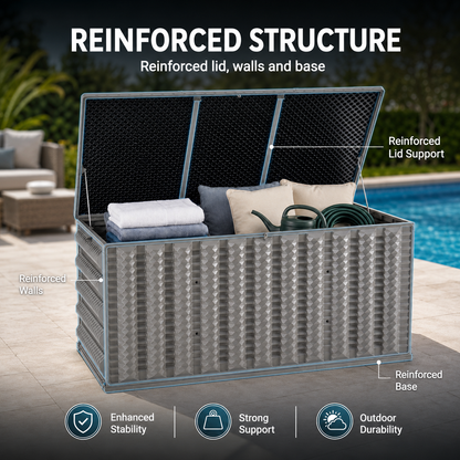 180 Gallon Resin Deck Box, Outdoor Lockable Storage Container for Patio Cushions, Garden Tools, Pool Supplies, Toys, Water Resistant and UV Resistant, Reinforced Rib Design, Built-in Wheels, Gray