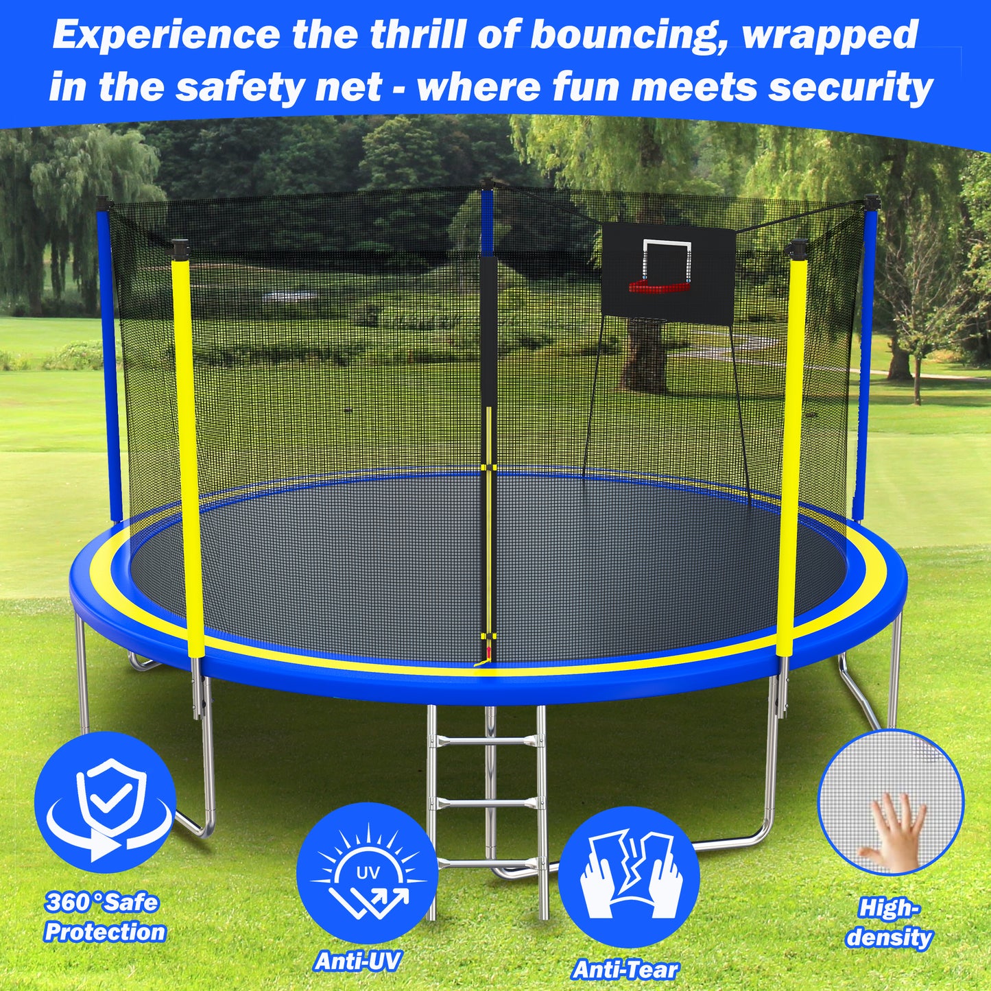 14FT Trampoline for Adults Kids, SEGMART Upgraded Round Recreational Trampoline with Basketball Hoop, Outdoor Heavy Duty Backyard Trampoline with Enclosure Net for Indoor Outdoor Backyard, Blue