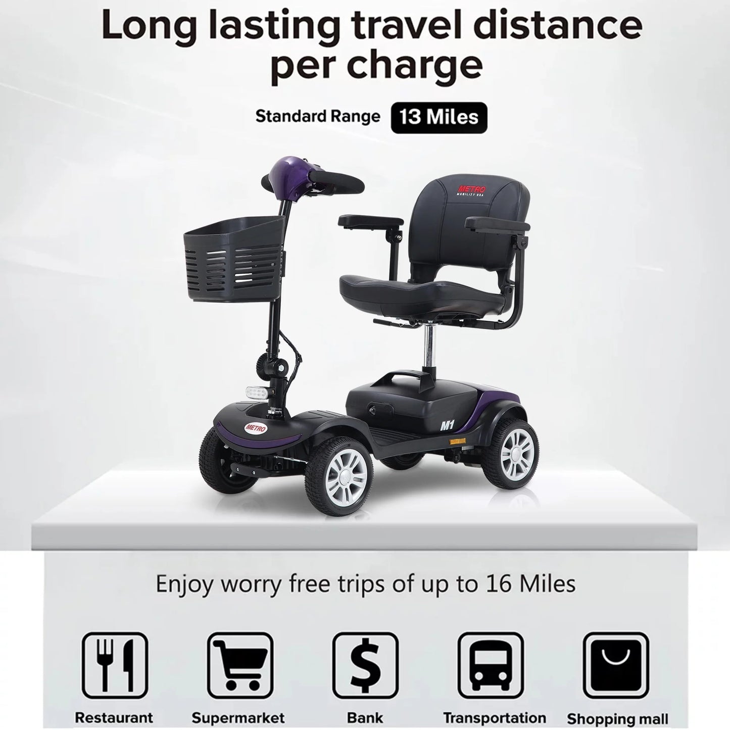 Segmart 4 Wheel Mobility Scooter for Seniors,electric wheelchairs for adults lightweight foldable, 15 Miles Range, 300lbs Capacity, W/LED Head Lights & Basket, Purple