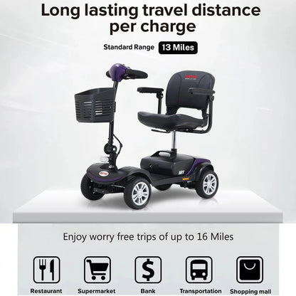 Segmart 4 Wheel Mobility Scooter for Seniors,electric wheelchairs for adults lightweight foldable, 15 Miles Range, 300lbs Capacity, W/LED Head Lights & Basket, Purple