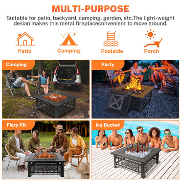 32" Fire Pits for Outside, Updated Segmart Outdoor Firepit with Fireplace Screen, Lid Square Wood Burning Fireplace Heater/Ice Pit for Camping, Outdoor Heating, Bonfire and Picnic, Black