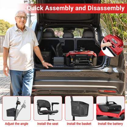 Segmart 4-Wheel Mobility Scooter for Seniors and Adults, Detachable Electric Scooter with Shock Absorption, 9-Inch Rear Wheels, 360° Swivel Seat, Electromagnetic Brake and LED Lights, Red