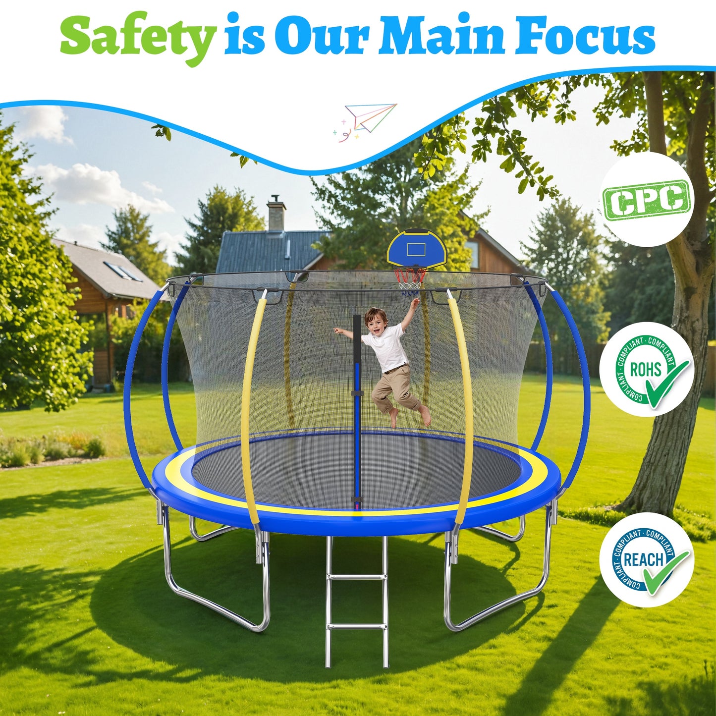 10 FT Trampoline for Kids with Basketball Hoop, SEGMART Upgraded Kids Outdoor Trampoline with Enclosure Net and Ladder, Heavy Duty Round Recreational Trampoline for Indoor Outdoor Backyard