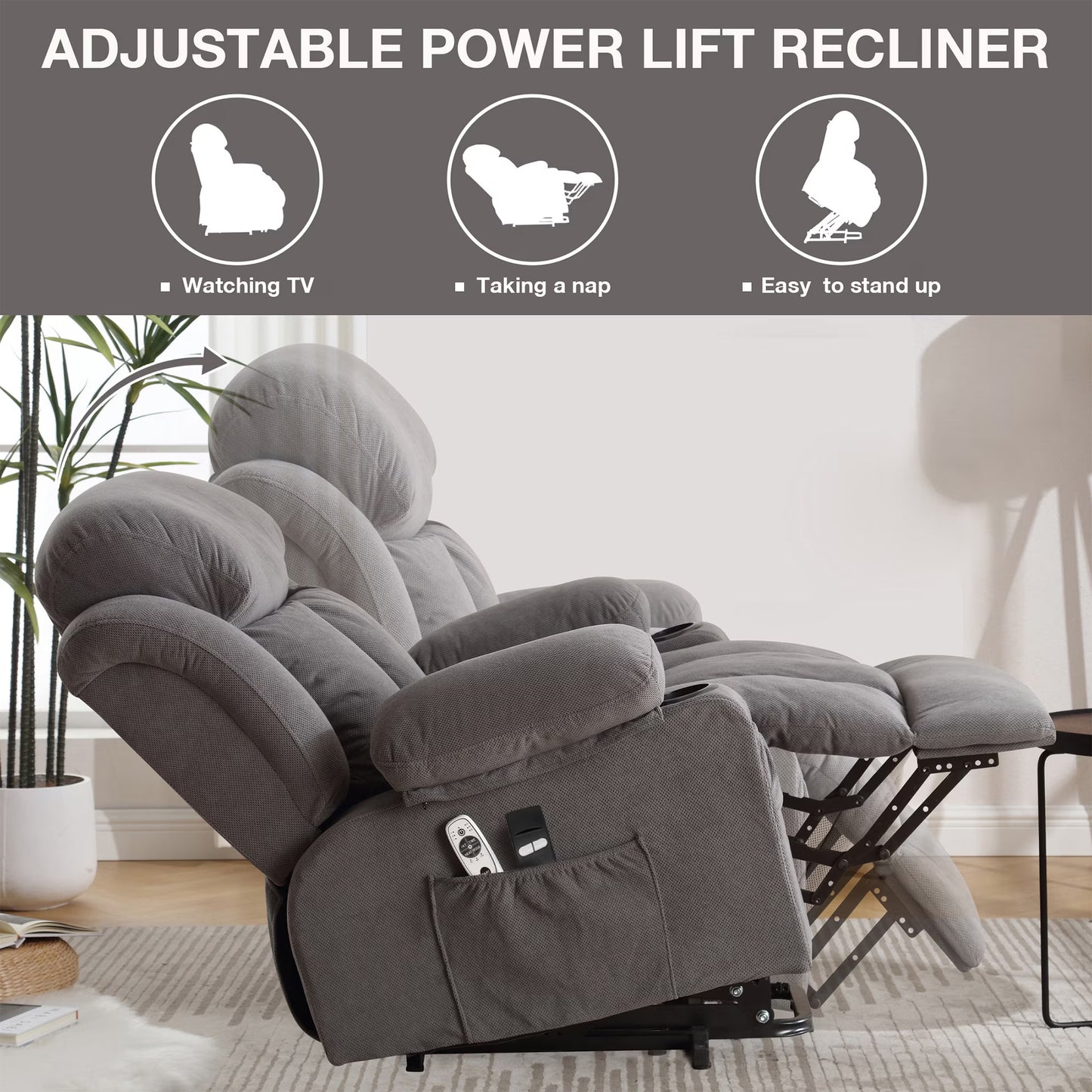 SEGMART Electric Power Lift Recliner Chair, Heavy Duty Classic Fabric Sofa Chair for Elderly, Ergonomic Lounge Single Sofa with Plush Extended Arms and Remote Control, 4 Positions, Grey
