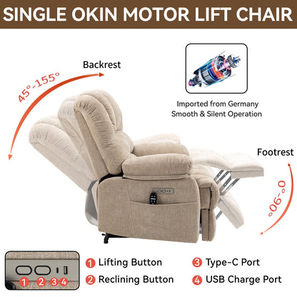 Extra Wide Power Lift Recliner Chair for Elderly, Oversized Chenille Lift Chair with 8-Point Massage & Lumbar Heat, USB Charging Port, Side Pockets, 350 lbs Capacity