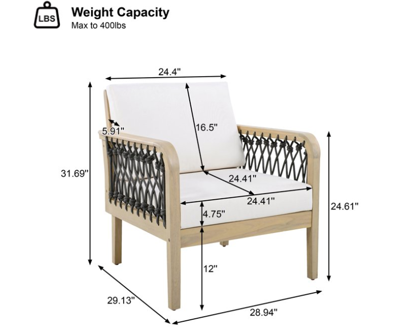 4-Piece Acacia Wood Patio Furniture Set, Outdoor Patio Conversation Set with Coffee Table, Loveseat and 2 Club Chairs, Deep Seating Outdoor Furniture with 4-Inch Cushions for Backyard Porch Balcony