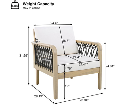4-Piece Acacia Wood Patio Furniture Set, Outdoor Patio Conversation Set with Coffee Table, Loveseat and 2 Club Chairs, Deep Seating Outdoor Furniture with 4-Inch Cushions for Backyard Porch Balcony