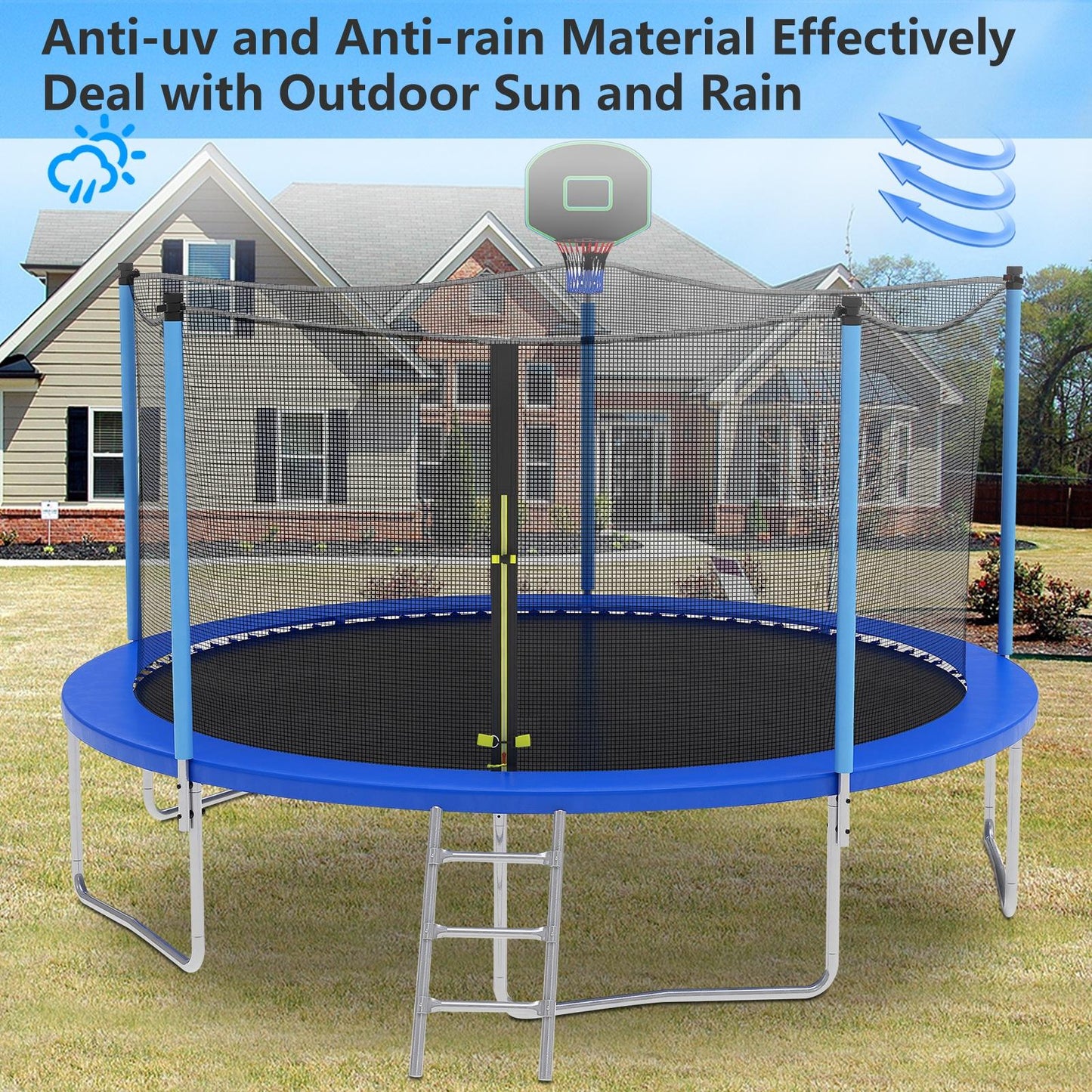 14FT Trampoline for Kids and Adults, SEGMART Upgraded Outdoor Trampoline with Basketball Hoop, Heavy-Duty Round Trampoline with Safety Enclosure Net and Ladder for Indoor Outdoor Backyard, Blue