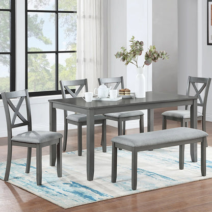 Wood Dining Table and Chair Set of 6, Dining Room Set for 6 Persons with Bench, Rectangular Kitchen Table with 4 Microfiber Padded Chairs Plus One Upholstered Bench, Farmhouse Kitchen Table Set