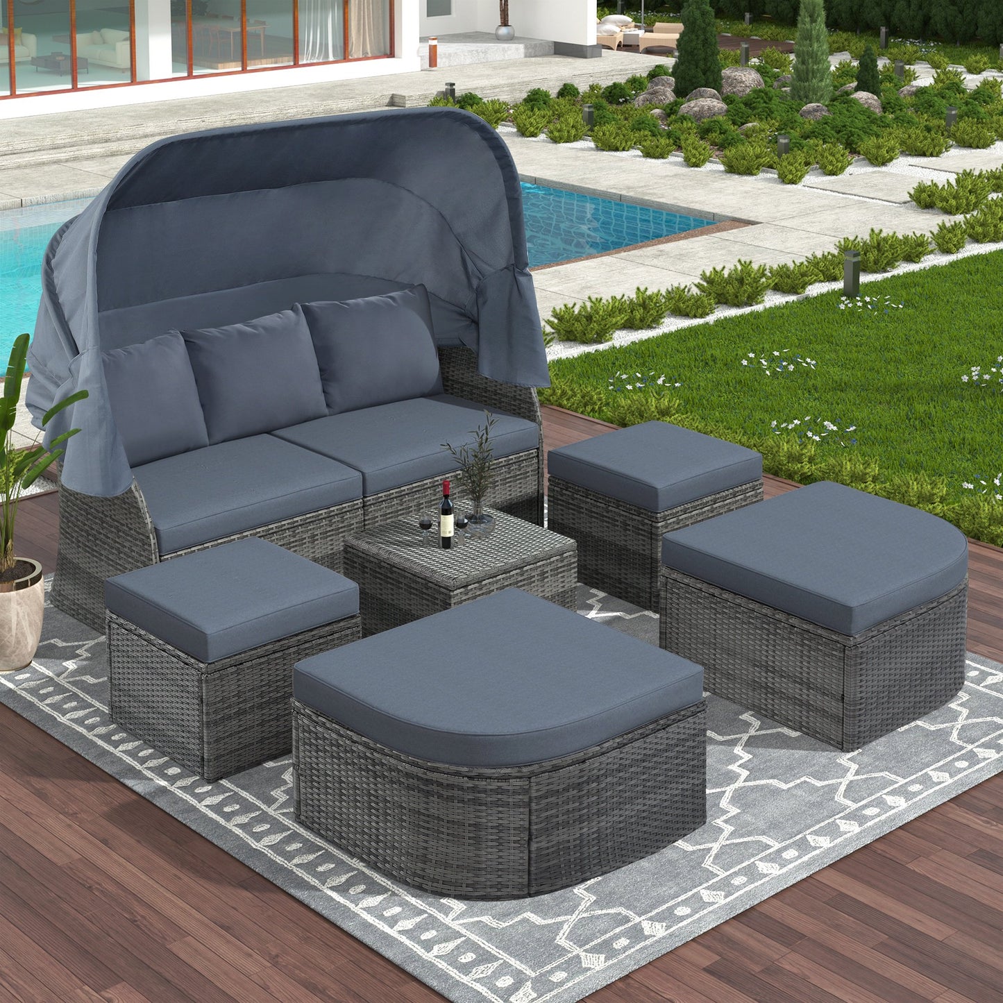 Patio Sectional Daybed, Outdoor Wicker Furniture Set with Retractable Canopy, Sectional Sofa Set w/Height Adjustable Table & Cushions for Patio Deck Poolside Garden Backyard