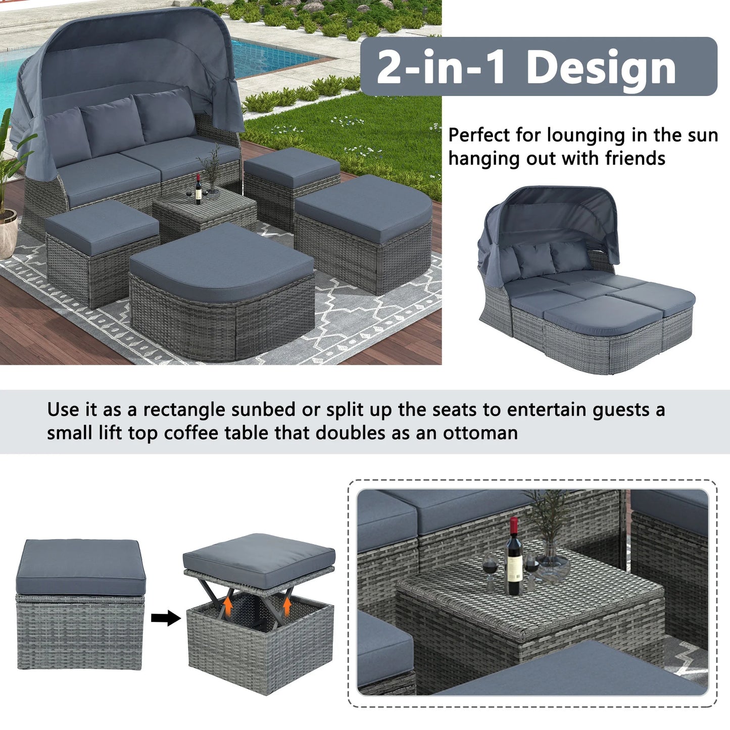 Patio Sectional Daybed, Outdoor Wicker Furniture Set with Retractable Canopy, Sectional Sofa Set w/Height Adjustable Table & Cushions for Patio Deck Poolside Garden Backyard