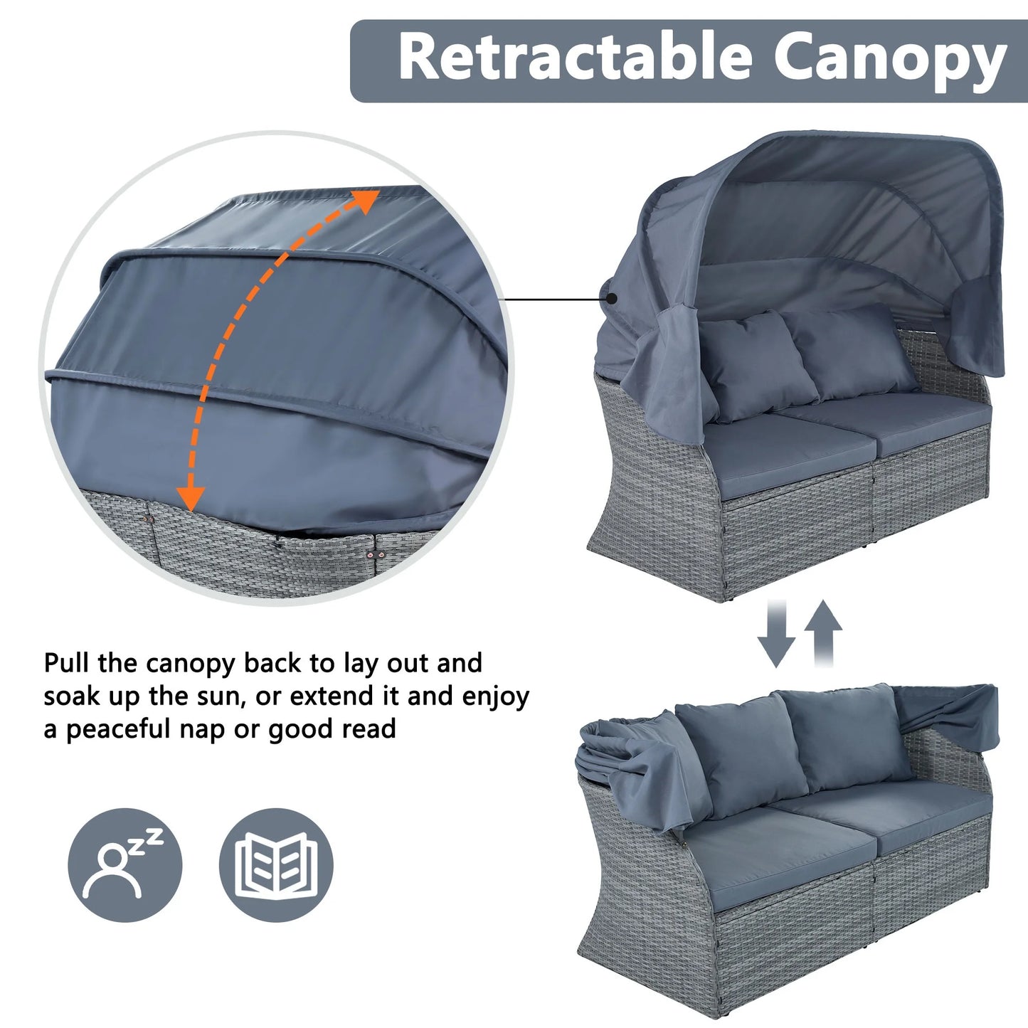 Patio Sectional Daybed, Outdoor Wicker Furniture Set with Retractable Canopy, Sectional Sofa Set w/Height Adjustable Table & Cushions for Patio Deck Poolside Garden Backyard