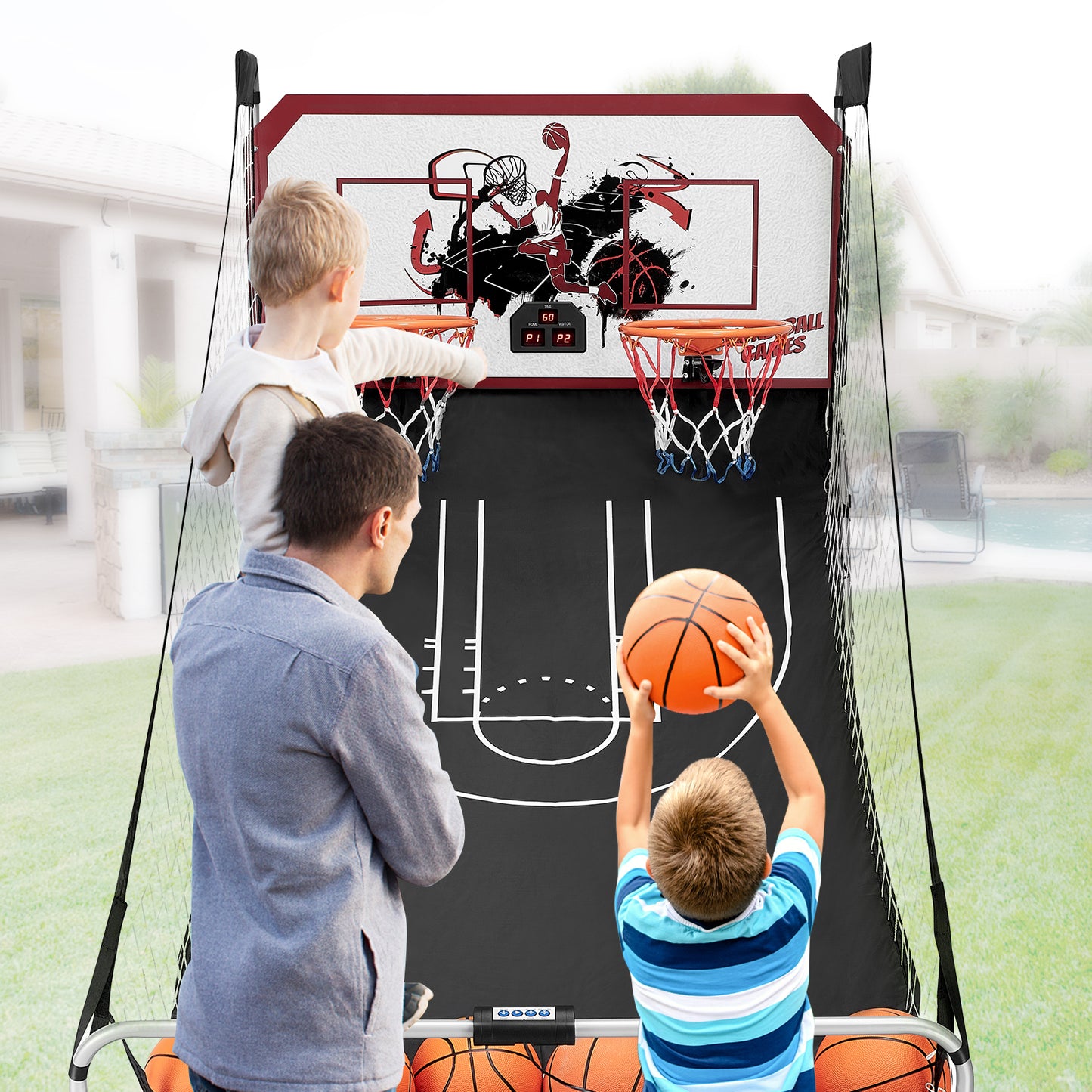 Foldable Electronic Basketball Arcade Game for Kids Adults, SEGMART Indoor Outdoor Dual Shot Electronic Basketball Hoop Arcade Game with 6 Balls, 8 Modes, LED Scorer, Air Pump, Battery Powered, Blue