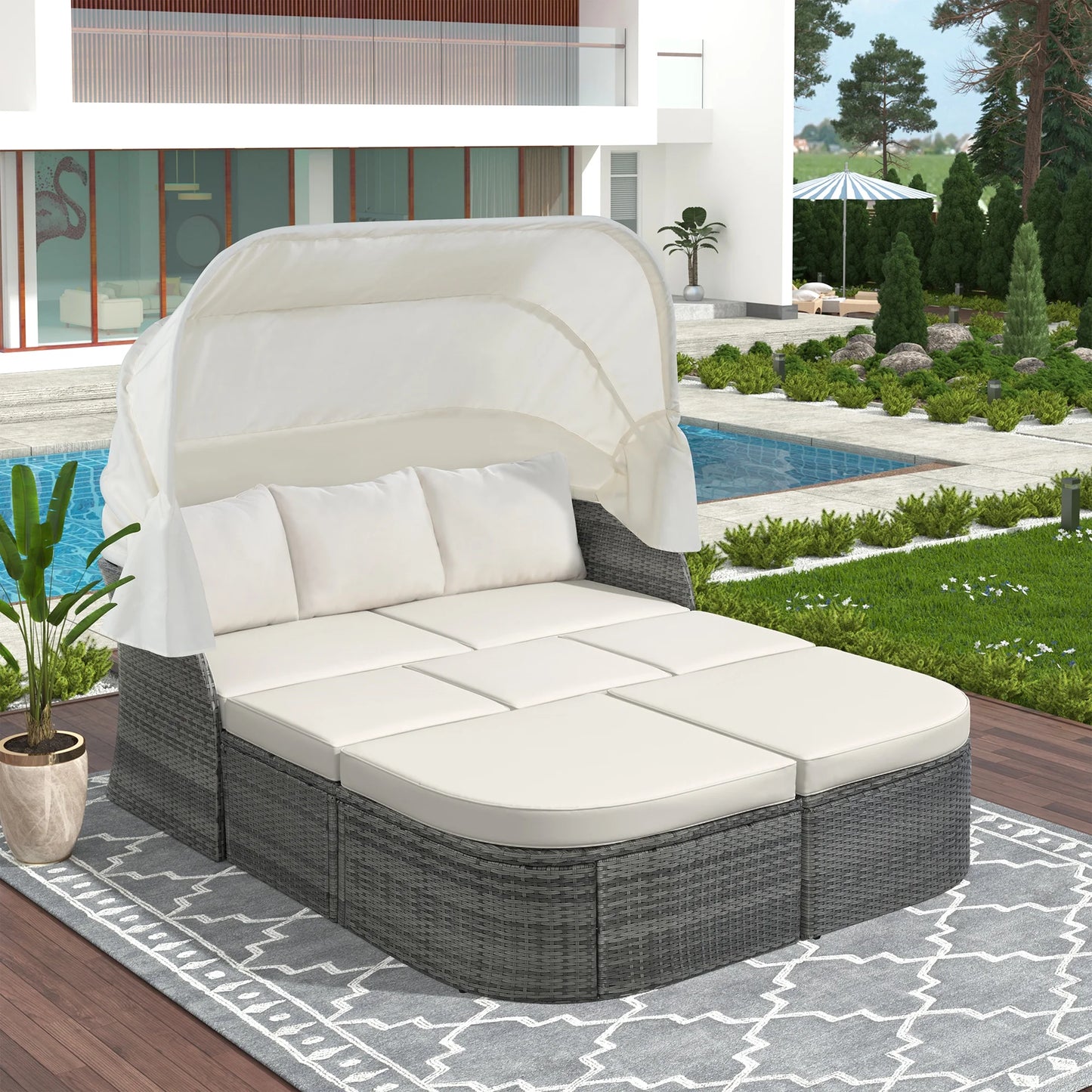 Patio Sectional Daybed, Outdoor Wicker Furniture Set with Retractable Canopy, Sectional Sofa Set w/Height Adjustable Table & Cushions for Patio Deck Poolside Garden Backyard