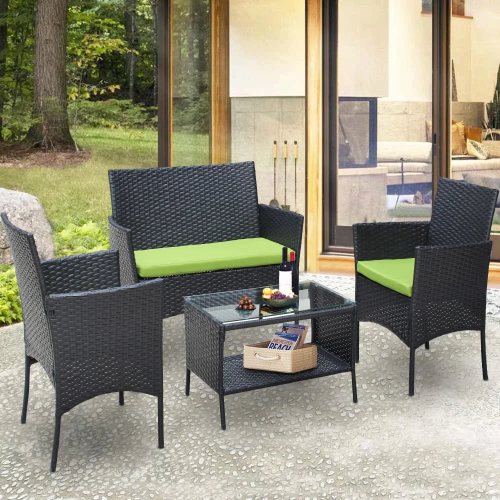 4 Pieces Outdoor Wicker Conversation Set, All-Weather Rattan Patio Furniture Sets with Arm Chairs, Tempered Glass Table and Cushions, Sectional Sofa Set for Backyard, Garden, Poolside