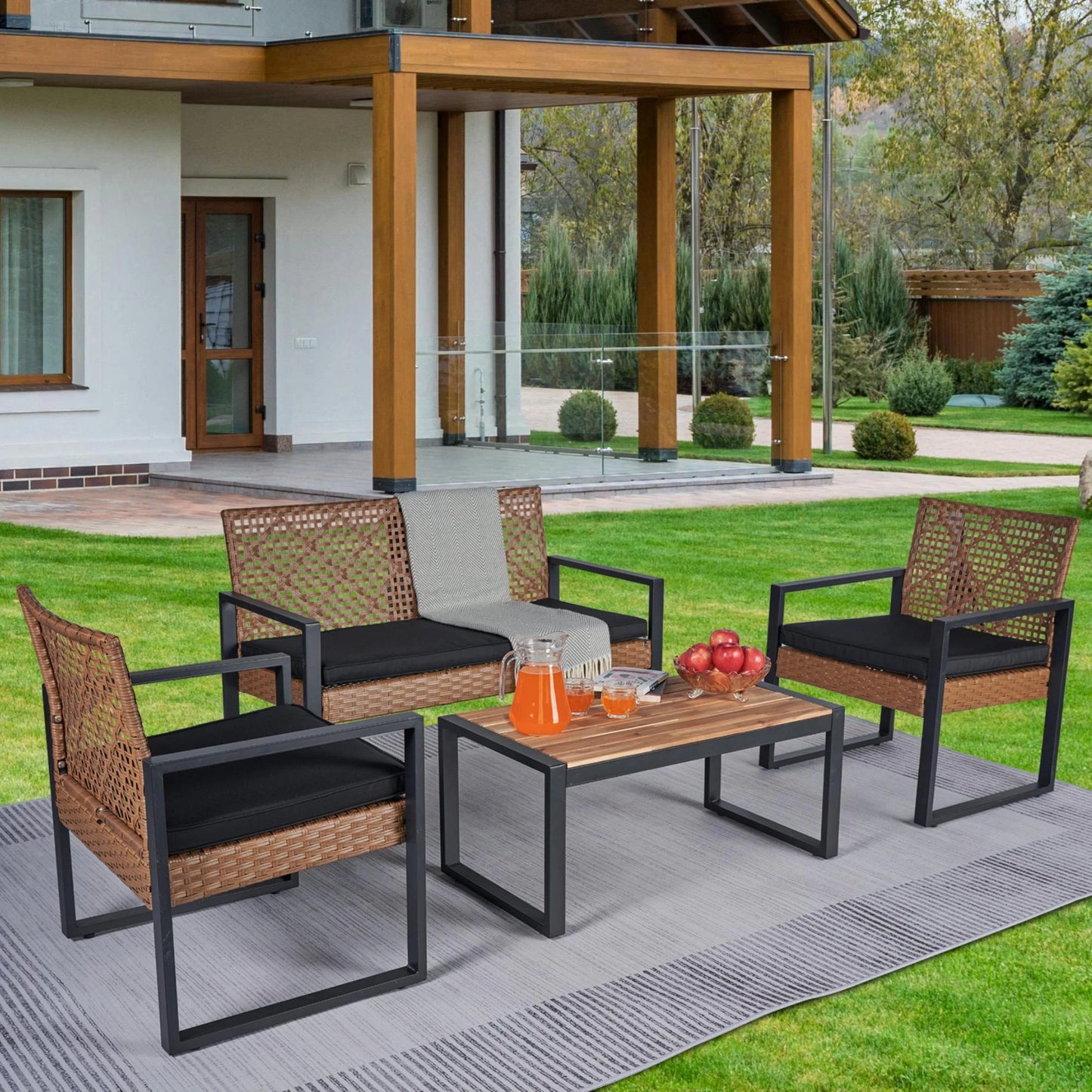 4 Pieces Outdoor Wicker Conversation Set, All-Weather Rattan Patio Furniture Sets with Arm Chairs, Tempered Glass Table and Cushions, Sectional Sofa Set for Backyard, Garden, Poolside