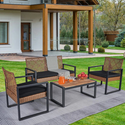 4 Pieces Outdoor Wicker Conversation Set, All-Weather Rattan Patio Furniture Sets with Arm Chairs, Tempered Glass Table and Cushions, Sectional Sofa Set for Backyard, Garden, Poolside