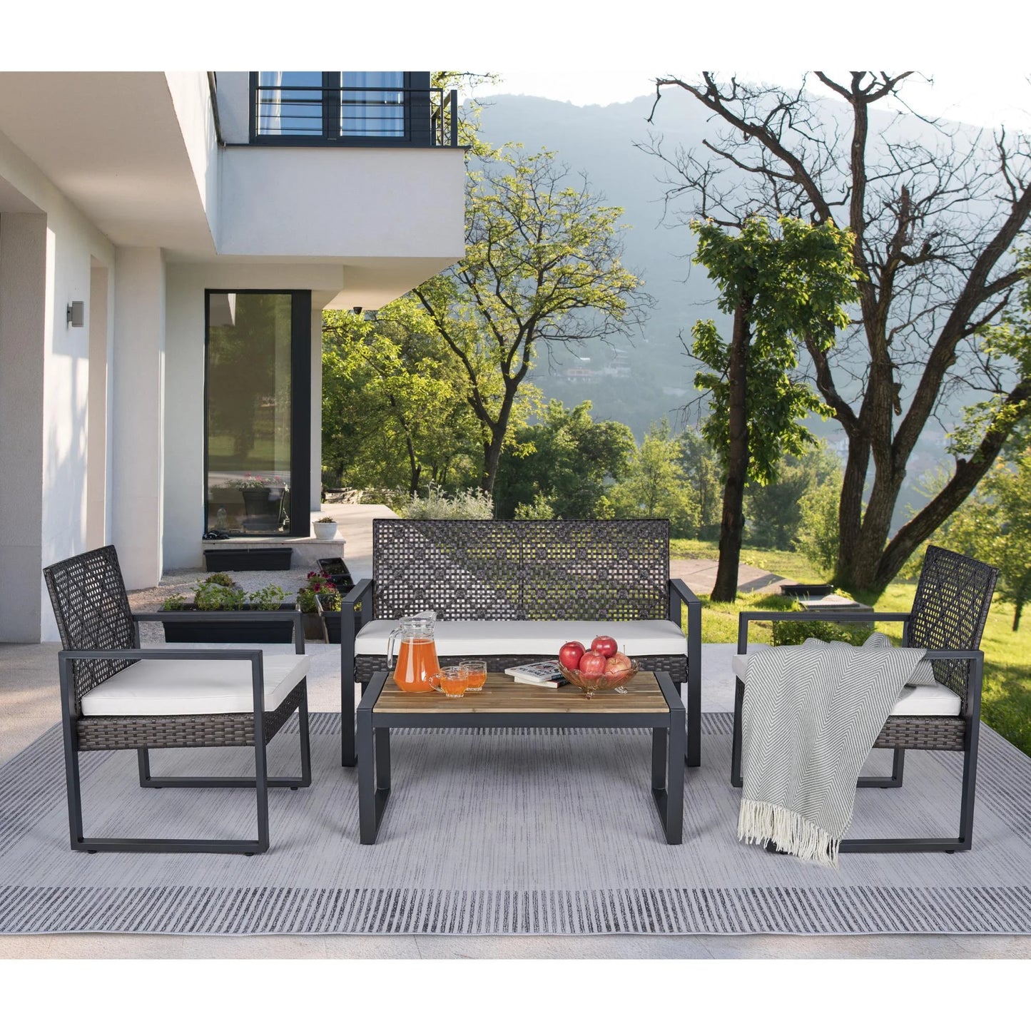 4 Pieces Outdoor Wicker Conversation Set, All-Weather Rattan Patio Furniture Sets with Arm Chairs, Tempered Glass Table and Cushions, Sectional Sofa Set for Backyard, Garden, Poolside