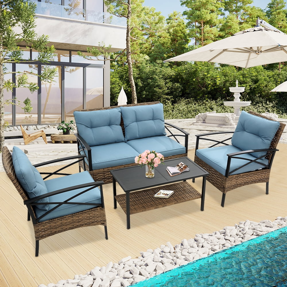 4 Pieces Outdoor Wicker Conversation Set, All-Weather Rattan Patio Furniture Sets with Arm Chairs, Tempered Glass Table and Cushions, Sectional Sofa Set for Backyard, Garden, Poolside