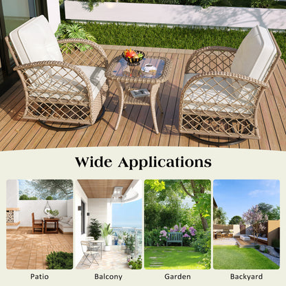 3PCS Rattan Patio Furniture Set, 2-person Luxurious Outdoor Chair Set with Table, Porch Bistro Wicker Swivel Rocker with Cushions