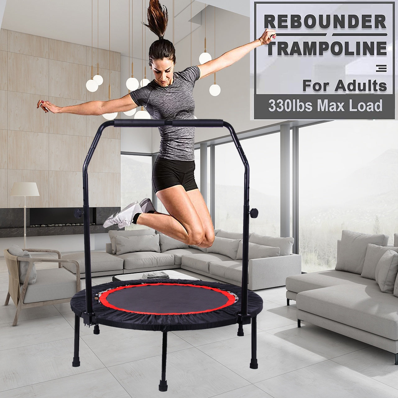 40" Foldable Mini Trampoline, SEGMART Folding Mini Fitness Indoor Exercise Workout Rebounder Trampoline with Adjustable Foam Handle, Exercise Trampoline for Kids Adults Indoor, Garden Workout