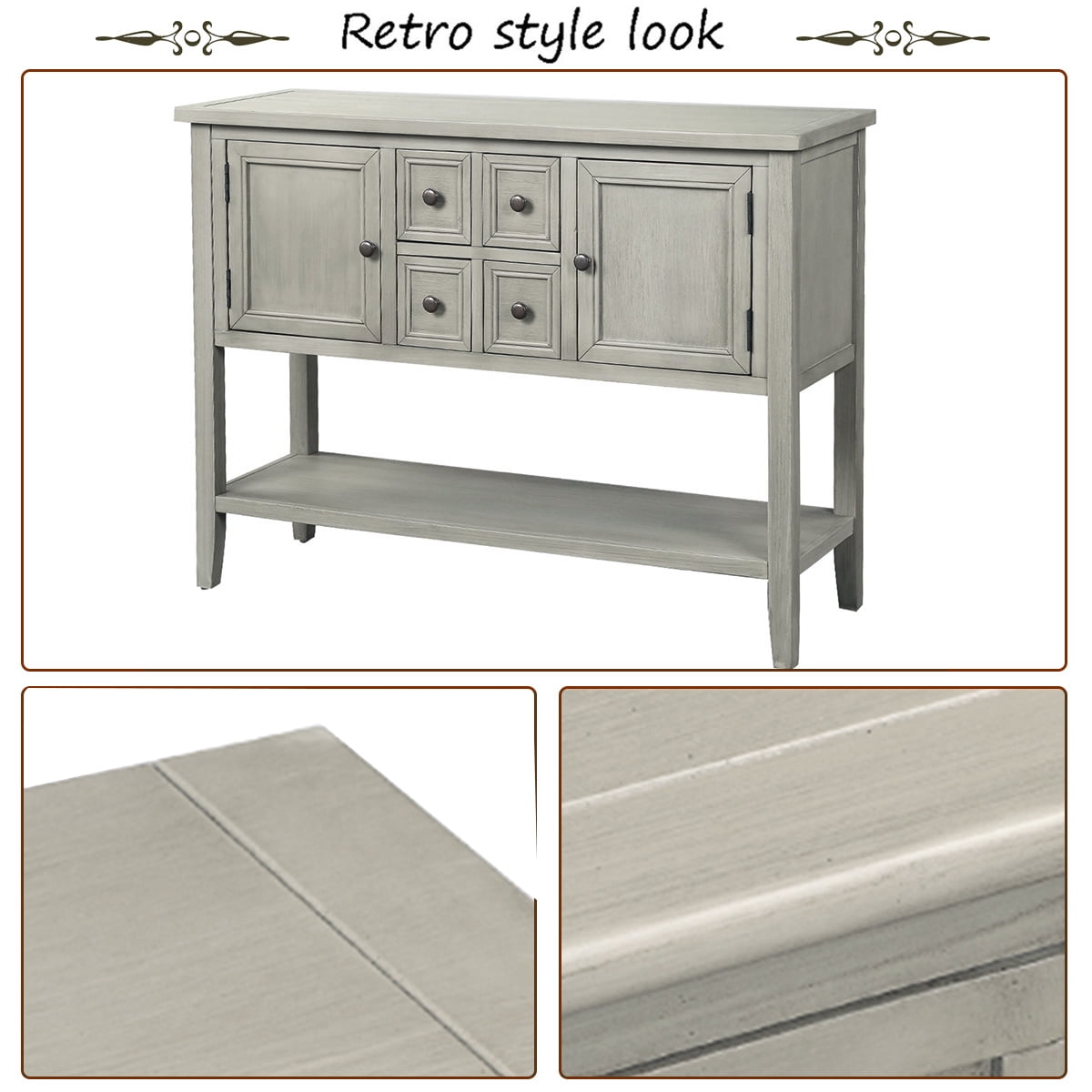 Console Table with 4 Storage Drawers,Storage Vintage Wood Buffet Sideboard Desk with 2 Cabinets and Bottom Shelf, Retro Entryway Table Cupboard for Living Room, Foyer, Hallway