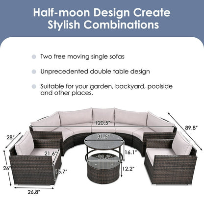 9 Pieces Patio Furniture Set, Wicker Sectional Table and Chairs Sets, Patio Conversation Set with Sectional Chaise Longue, Coffee Table, Suitable for Porch Backyard Garden, Beige