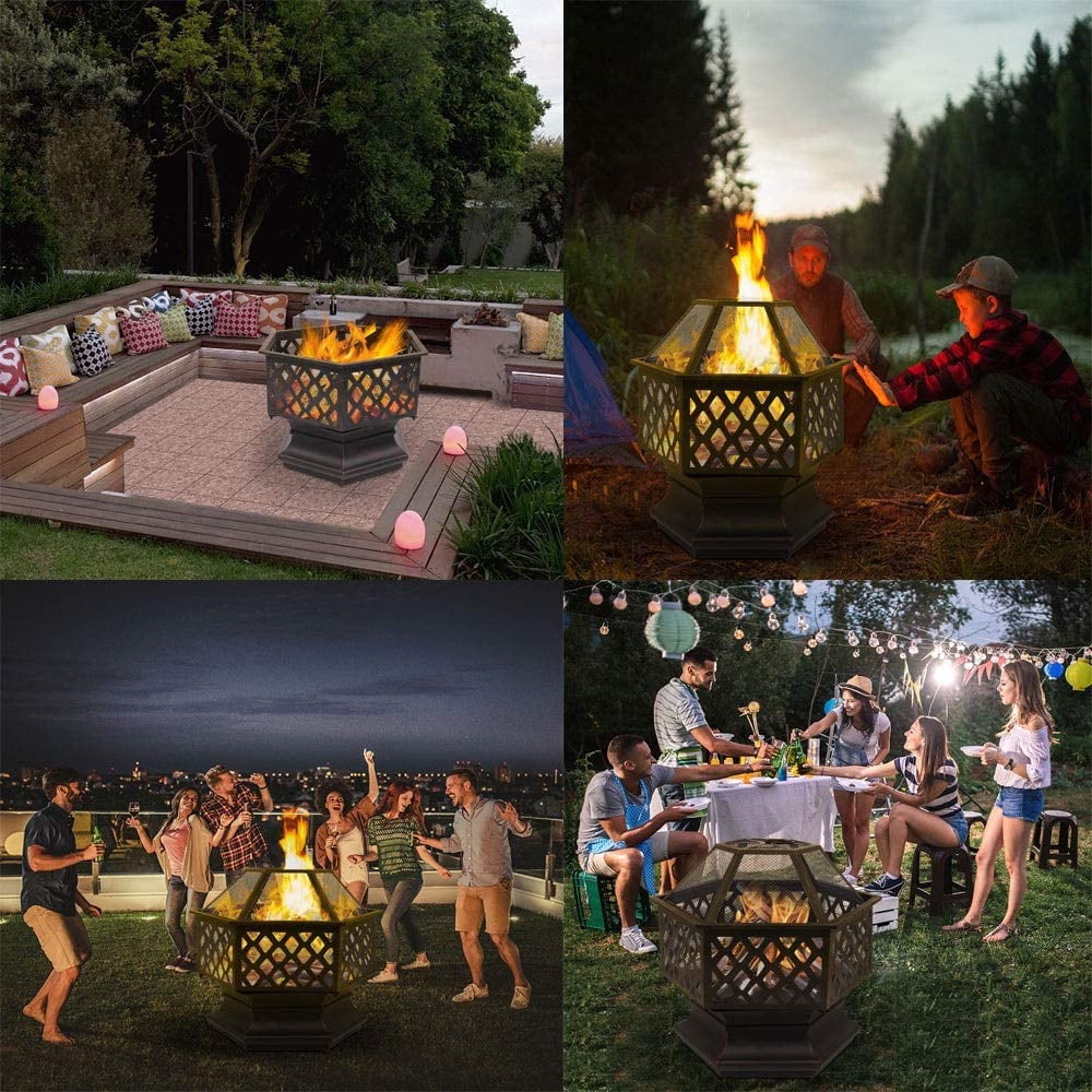 Fire Pit for Outside, Premium Hexagon-shaped Steel Fire Pit w/Mesh Screen Lid, Portable Outdoor Metal Fire Pit with Poker, Multifunctional Heater/Grill/Ice Pit for Patio Garden BBQ Grill, S7039