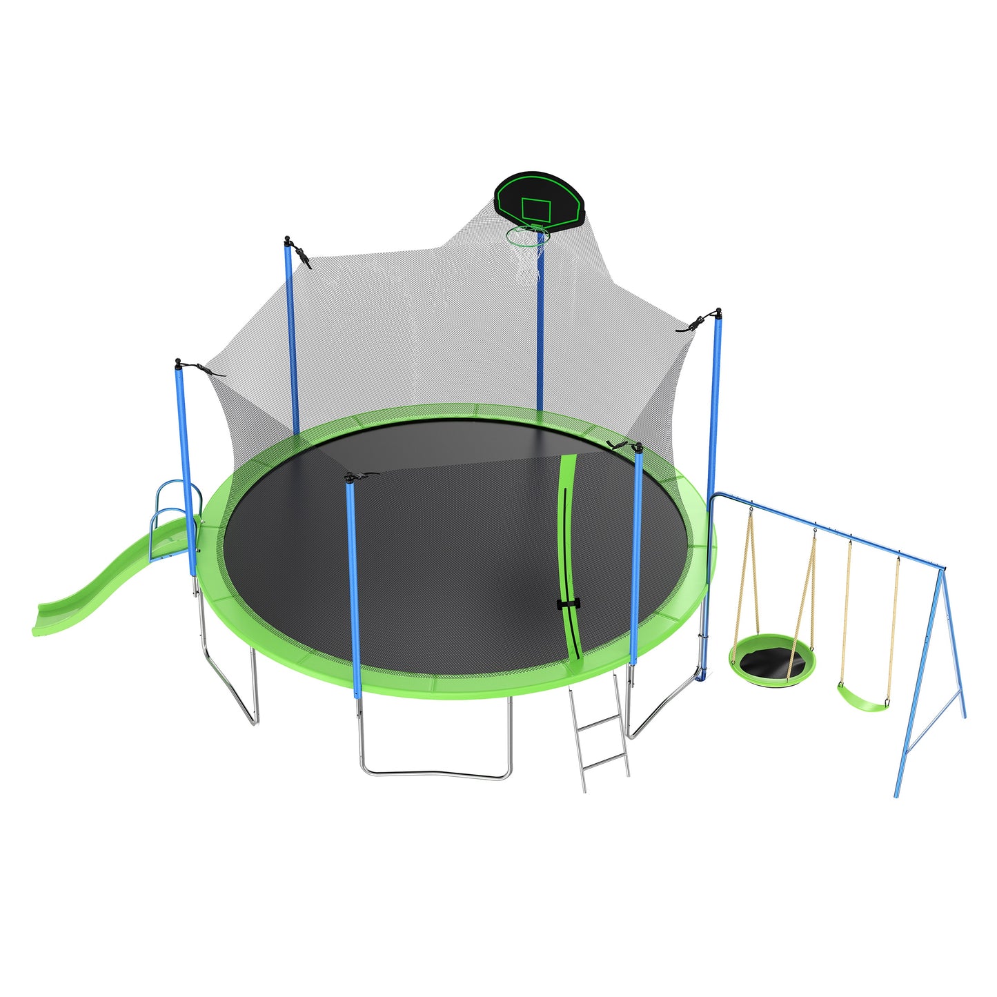 12FT Trampoline with Slide, Swings, SEGMART Recreational Trampoline with Basketball Hoop and Ladder, Heavy Duty Outdoor Backyard Trampoline with Net for Kids and Adults, Green