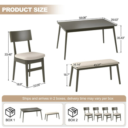 SEGMART 6 Piece Dining Table Set, Modern Home Dining Set with Table, Bench & 4 Cushioned Chairs, Wood Rectangular Table and Chair Set, Kitchen Table Set for Dining Room, Gray