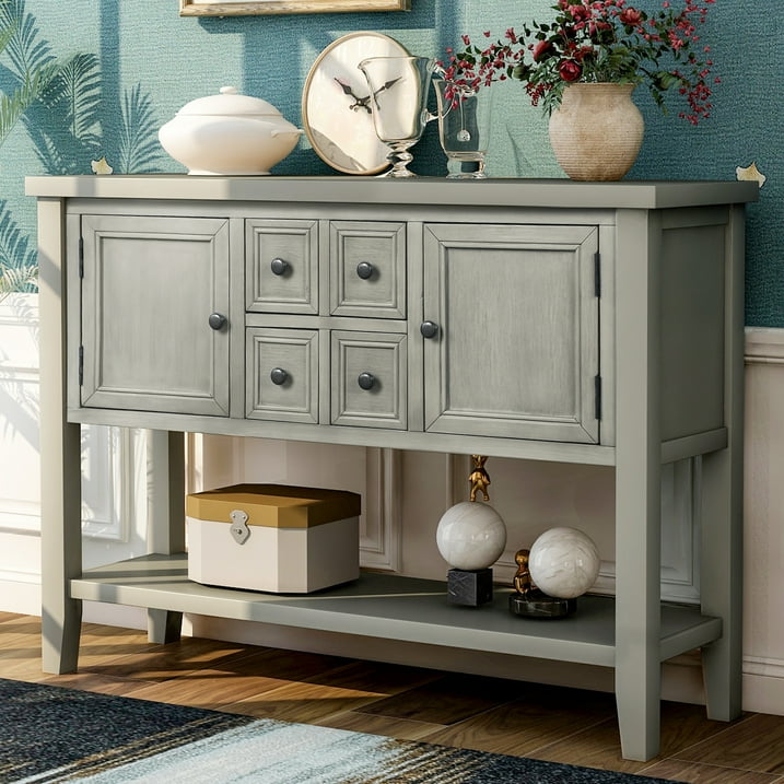 Console Table with 4 Storage Drawers,Storage Vintage Wood Buffet Sideboard Desk with 2 Cabinets and Bottom Shelf, Retro Entryway Table Cupboard for Living Room, Foyer, Hallway