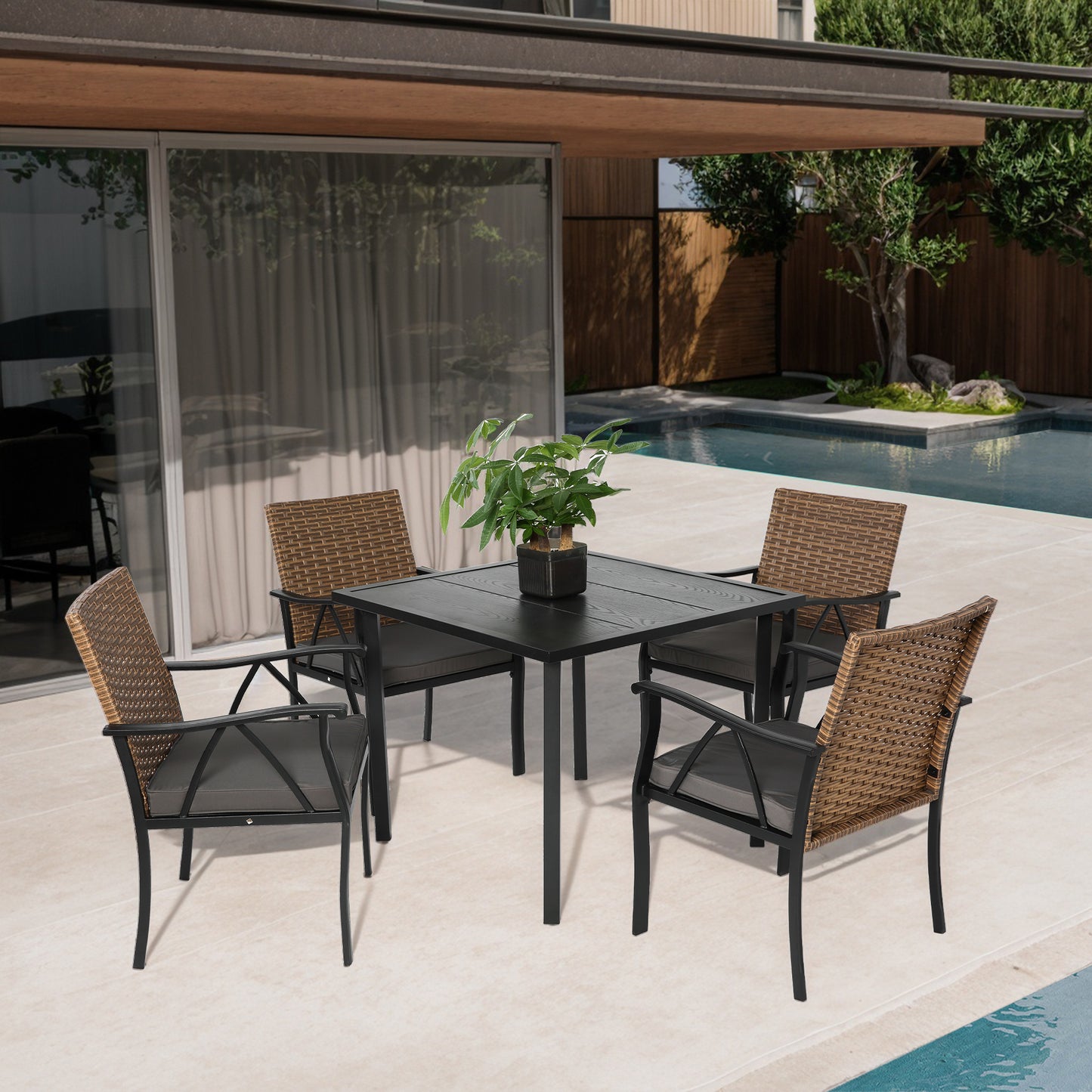 Segmart 5-Piece Patio Dining Set for 4, Outdoor Wicker Table and Chairs Set with Cushions, 35.43" Square Steel Table with Umbrella Hole, Brown/Grey