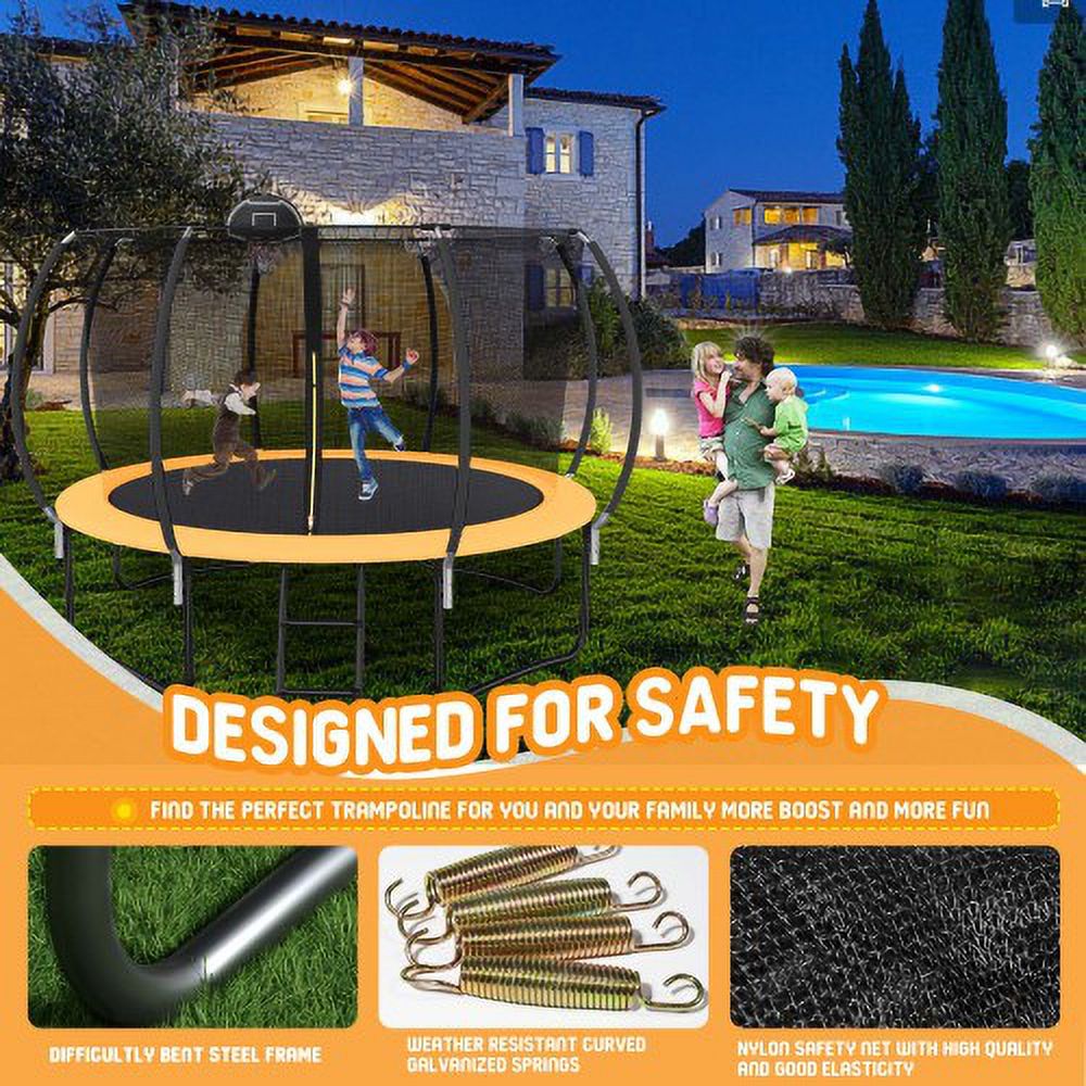 12FT Outdoor Trampoline for Kids & Adults, Segmart Recreational Trampoline with Safety Net and Ladder, 800LBS Weight Capacity Round Pumpkin Trampoline, 2024 Heavy Duty for Backyard Patio